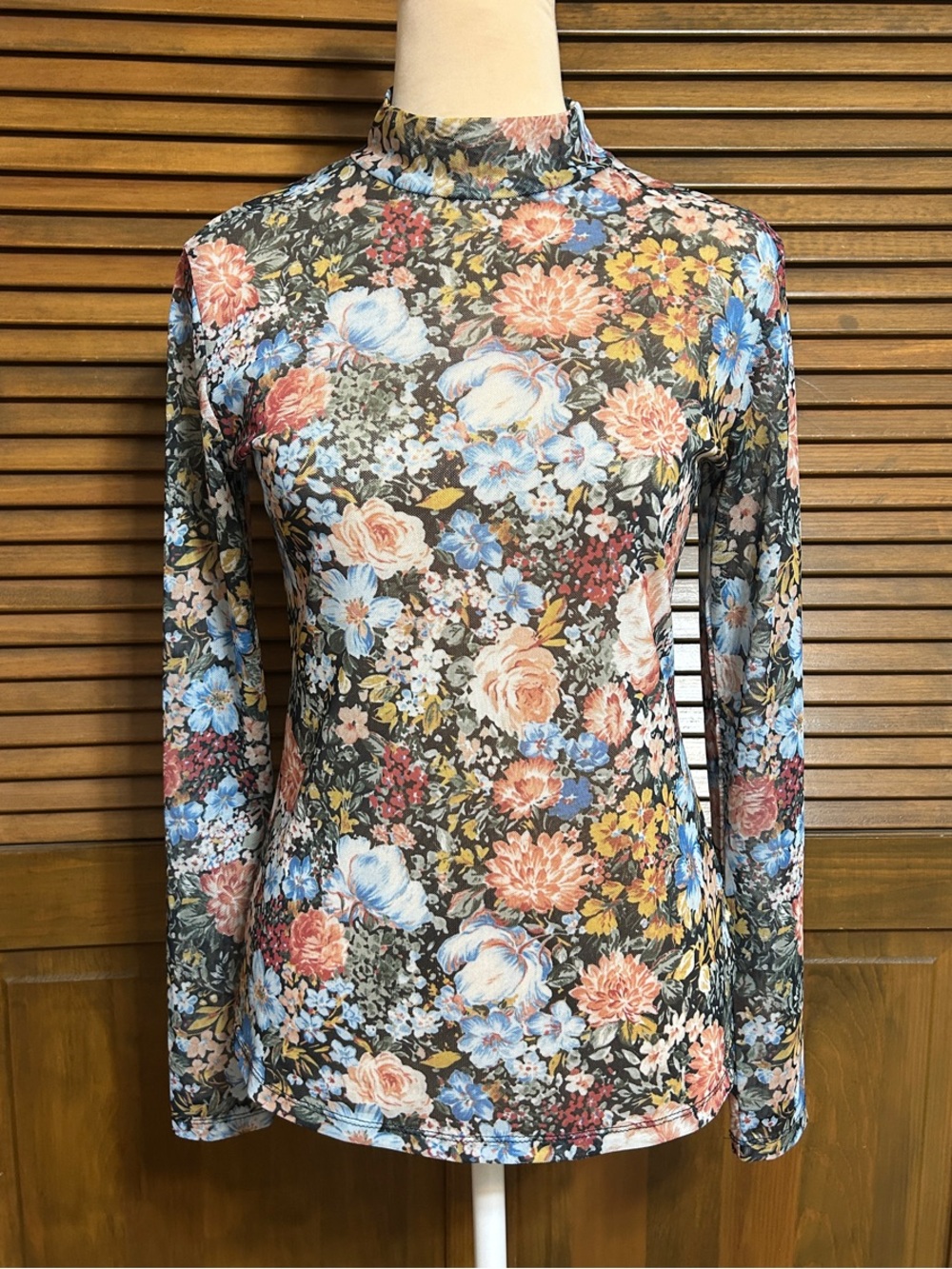 Bemor Run Fashion Floral Mock Turtleneck Long Sleeve Mesh Top Size S